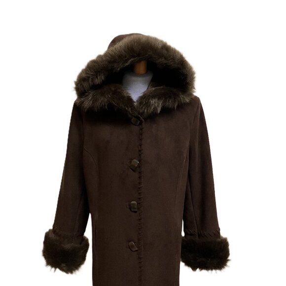 Simon Chang Hooded Winter Coat Brown Faux Suede & Faux Fur Shearling Lining Y2K - Picture 2 of 10